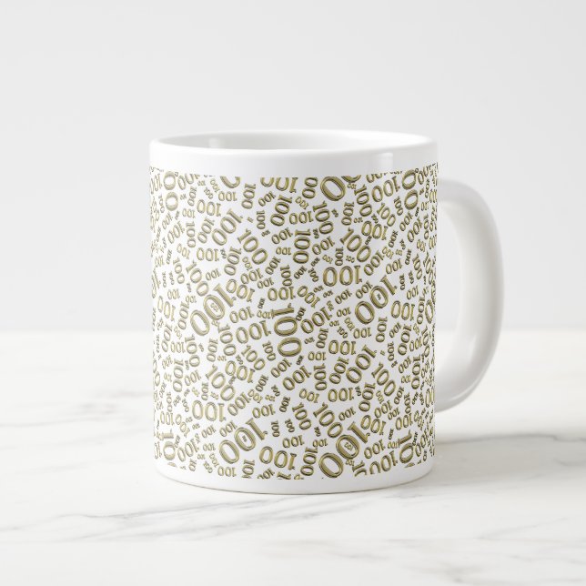 Birthday 100 Gold/White Random Number Pattern Jumbo-Tasse (Vorderseite Rechts)