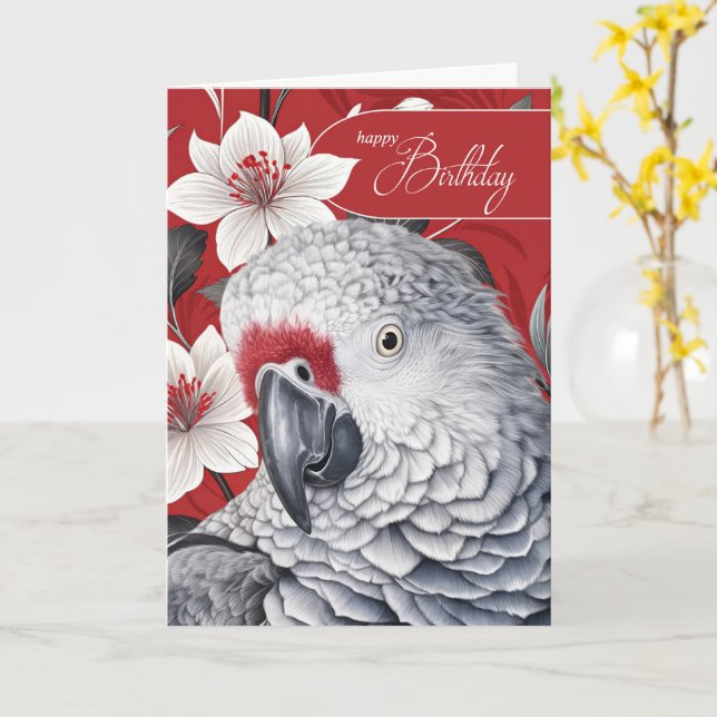 Birthday African Grey Parrot Red and White Lilies Karte (Gelbe Blume)