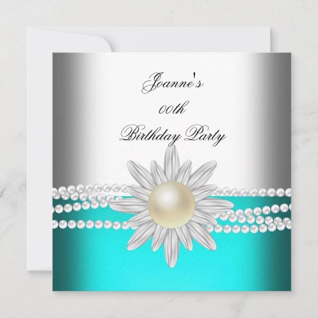 Birthday Aquamarin Blue Aqua White Pearl Blume Einladung (Vorderseite)