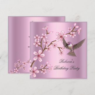 Birthday Asian Pink Blossom Blume Bird Einladung