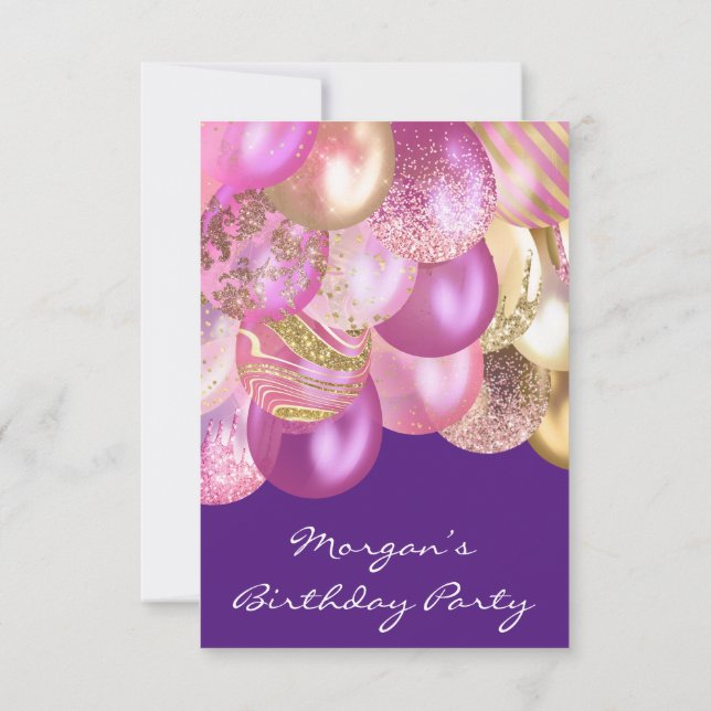 Birthday Baby Dusche rosa Goldballonspurpur Einladung (Rückseite)