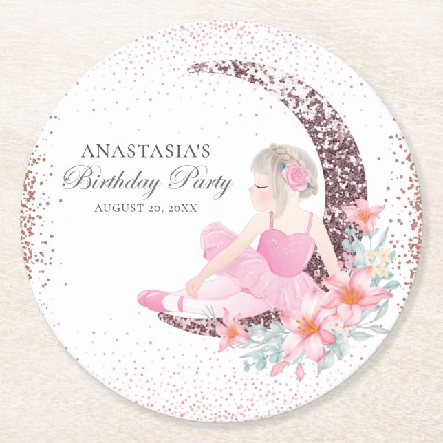 Birthday Ballerina Glitzer Personalisiert Runder Pappuntersetzer (Vorderseite)