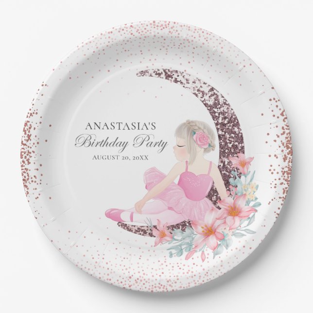 Birthday Ballerina Moon Glitzer Personalisiert Pappteller (Vorderseite)