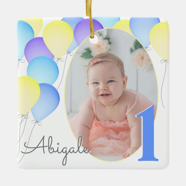 Birthday Balloons Baby's First Birthday mit Foto Keramikornament (Vorderseite)