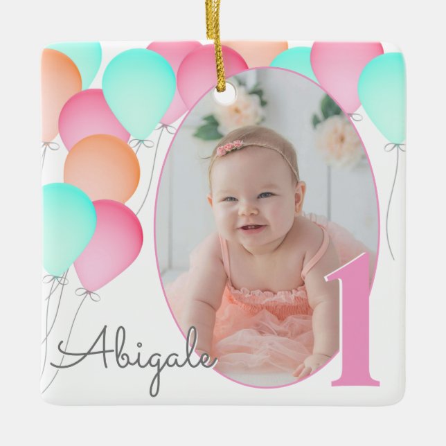 Birthday Balloons Baby's First Birthday mit Foto Keramikornament (Vorderseite)