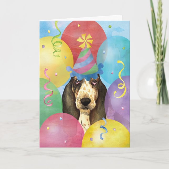 Birthday Balloons Basset Hound Karte (Vorderseite)