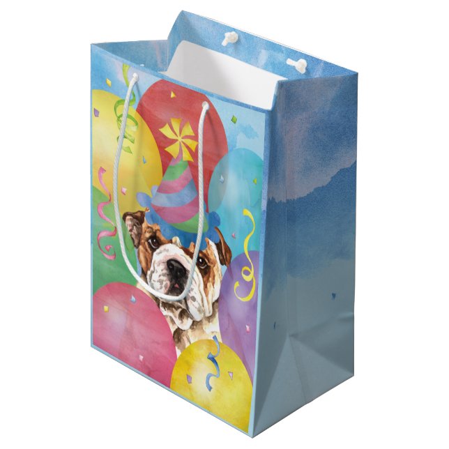Birthday Balloons Bulldog Medium Geschenktasche Mittlere Geschenktüte (Vorderseite Schrägansicht)