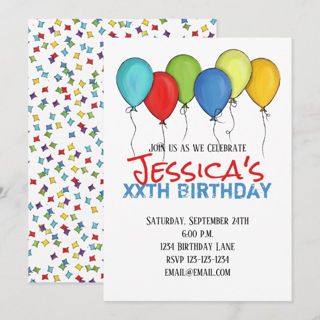 Birthday Balloons Confetti Modernes Party Einladung (Vorne/Hinten)