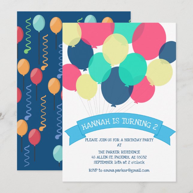 Birthday Balloons Kinder-Party Einladung (Vorne/Hinten)