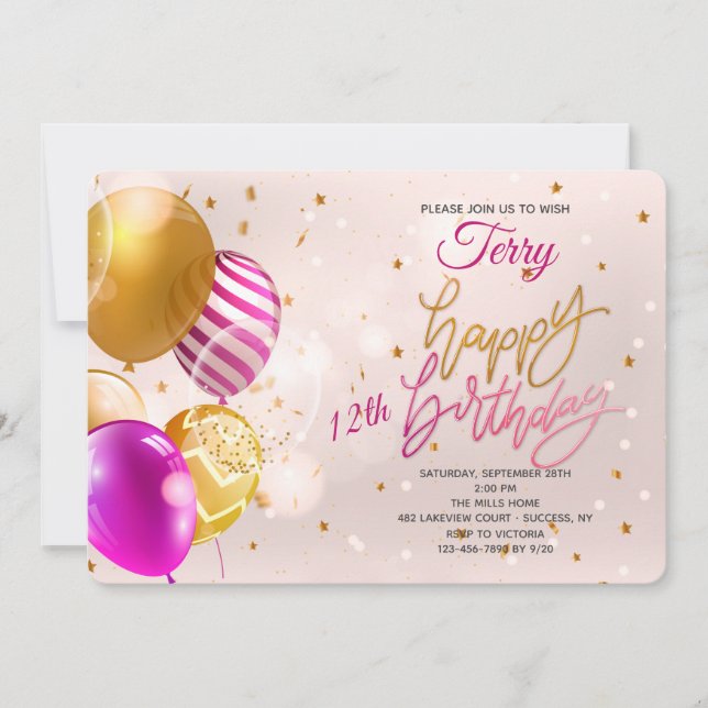 Birthday Balloons Rosa Einladung (Vorderseite)