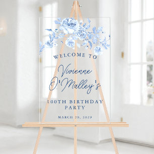 Birthday Banner 100. Geburtstagsparty Blue Floral Acrylschild
