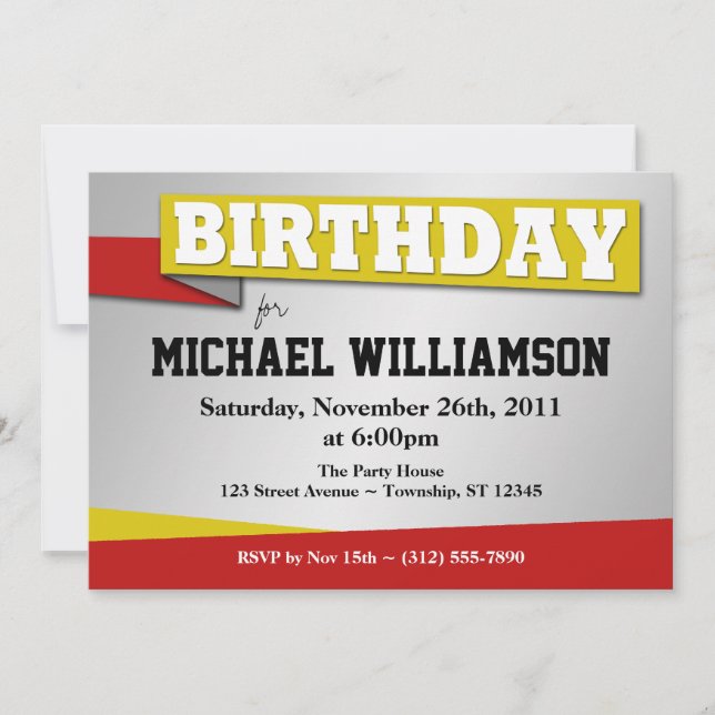 Birthday Banner Gelb & Rot Party Einladungen (Vorderseite)