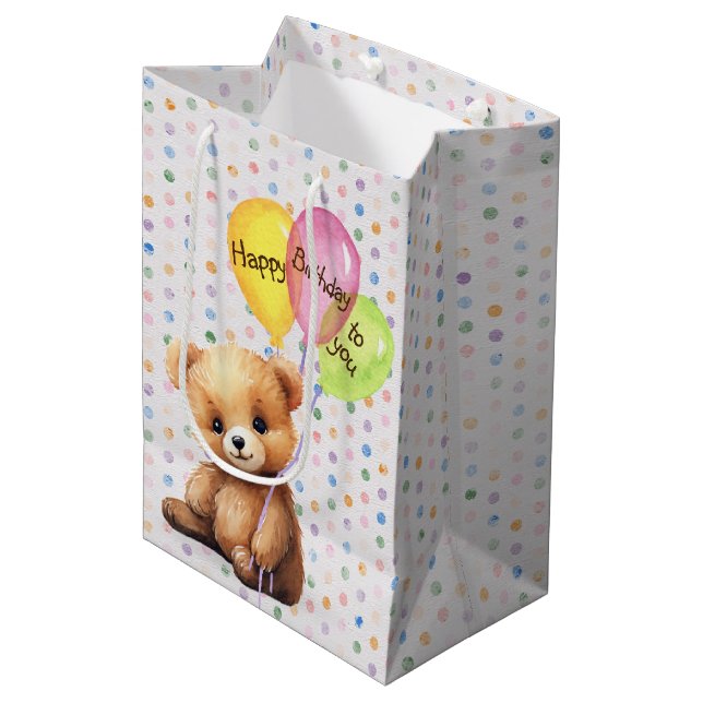 Birthday Bär mit Party Balloons Mittlere Geschenktüte (Vorderseite Schrägansicht)