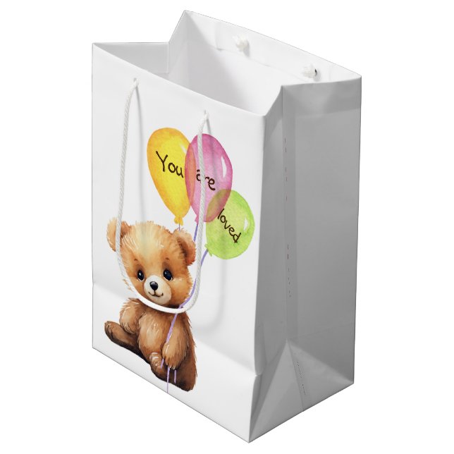 Birthday Bär mit Party Balloons Mittlere Geschenktüte (Vorderseite Schrägansicht)