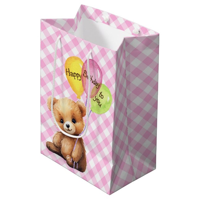 Birthday Bär mit Party Balloons Mittlere Geschenktüte (Vorderseite Schrägansicht)