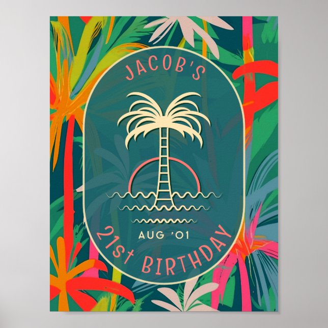 Birthday Beach Party Palm Tree Sonnenuntergang Was Poster (Vorne)