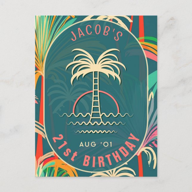 Birthday Beach Tropical Palm Tree Strand Sonnenunt Postkarte (Vorderseite)
