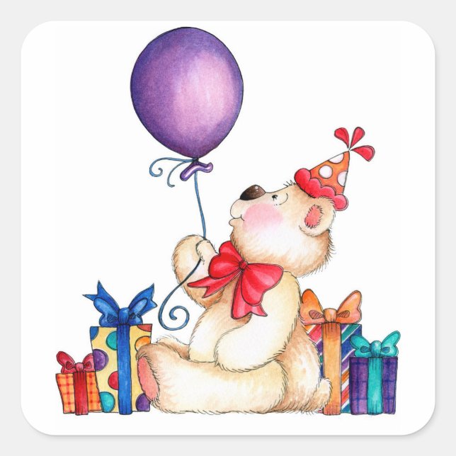 Birthday Bear mit Ballon Quadratischer Aufkleber (Vorderseite)
