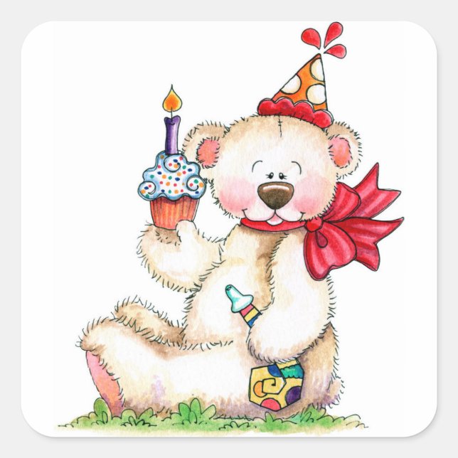 Birthday Bear Quadratischer Aufkleber (Vorderseite)