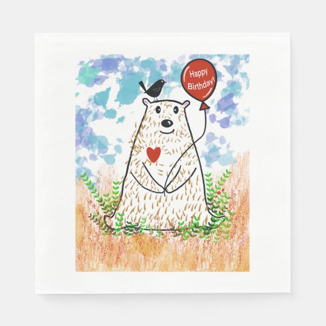 Birthday Bear und Black Bird Napkin Serviette (Vorderseite)