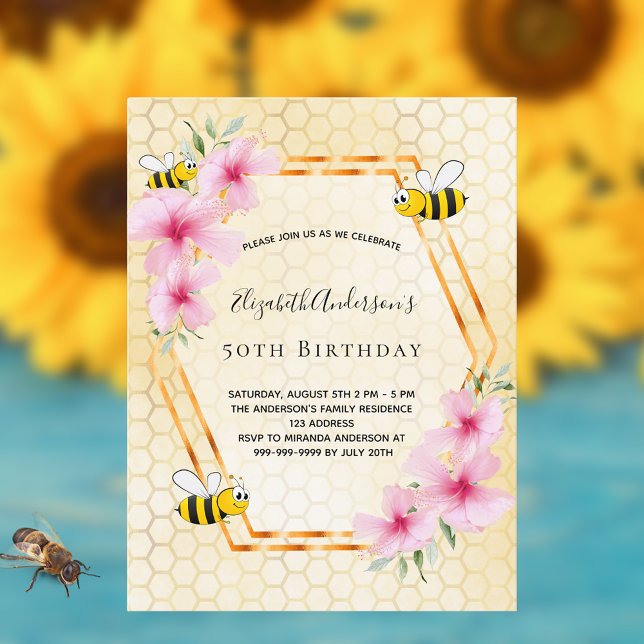 Birthday bee pink floral honeycomb invitation (Créateur téléchargé)