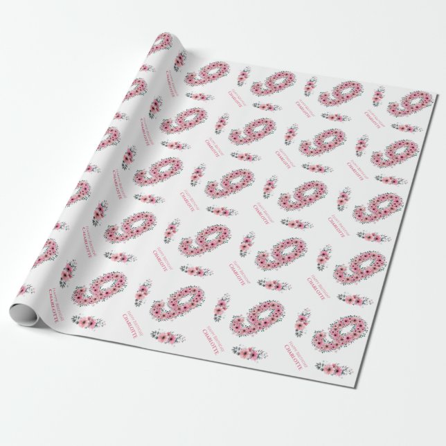 Birthday Big 9th Girl Pink Blume Green Folies Geschenkpapier (Ungerollt)