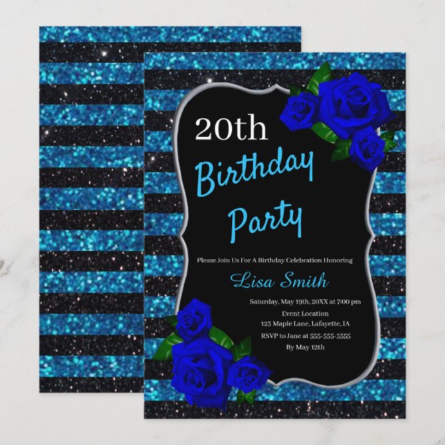 Birthday Black Blue Stripes Glitzer Deep Blue Rose Einladung (Vorne/Hinten)