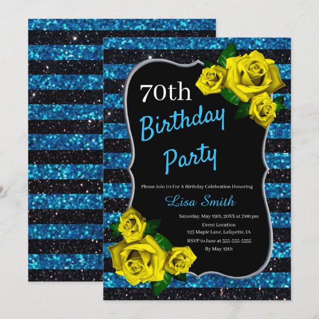 Birthday Black Blue Stripes Glitzer Gelbe Rosen Einladung (Vorne/Hinten)