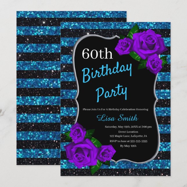 Birthday Black Blue Stripes Glitzer Lila Rose Einladung (Vorne/Hinten)