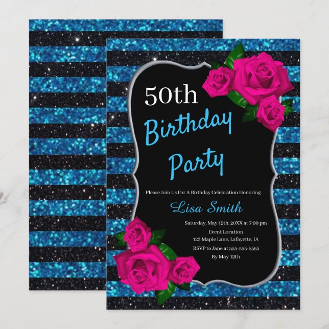 Birthday Black Blue Stripes Glitzer Rosa Roses Einladung (Vorne/Hinten)
