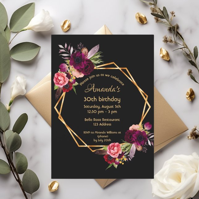 Birthday Black burgundy Blumengold geometrisch Einladung (Von Creator hochgeladen)
