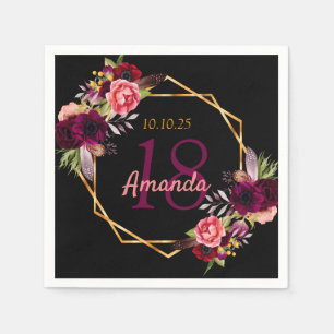 Birthday Black burgundy Blumengold geometrisch Serviette