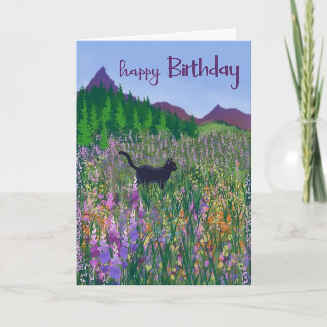 Birthday Black Cat and Wildflowers Karte (Vorderseite)
