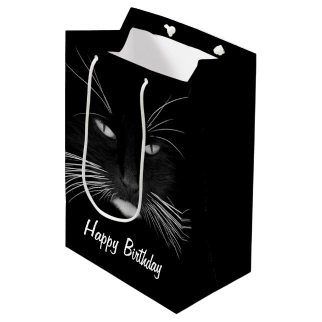 Birthday Black Cat Face Mittlere Geschenktüte (Vorderseite Schrägansicht)