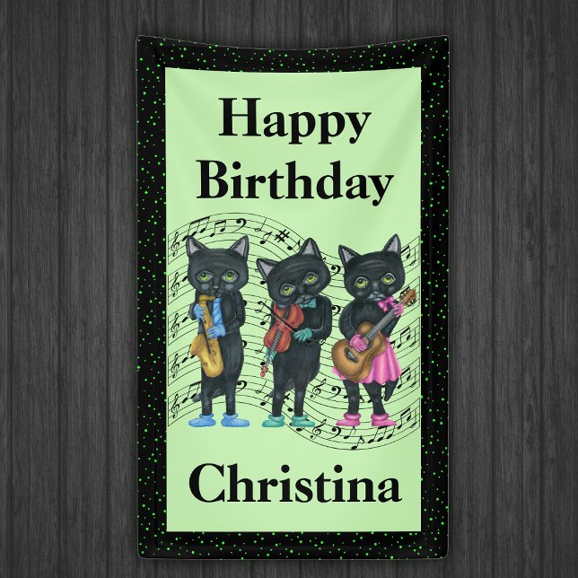 Birthday Black Cat Musicians Instruments Music Bar Banner (Black cat musicians playing instrument on music note bars green black border Happy Birthday Banner.)