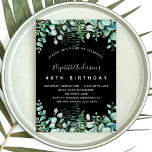 Birthday Black Eukalyptus Grünwald Einladungspostkarte<br><div class="desc">Eine trendige Einladung für eine 40. Geburtstagsfeier (oder jedes Alter),  ein verzaubertes Waldthema. Schwarzer Hintergrund mit Farnen und Eukalyptus-Grün. Der Name ist mit einem modernen handgeschriebenen Stilskript geschrieben. Personalisieren Sie Ihre Party-Daten und fügen Sie sie hinzu.</div>