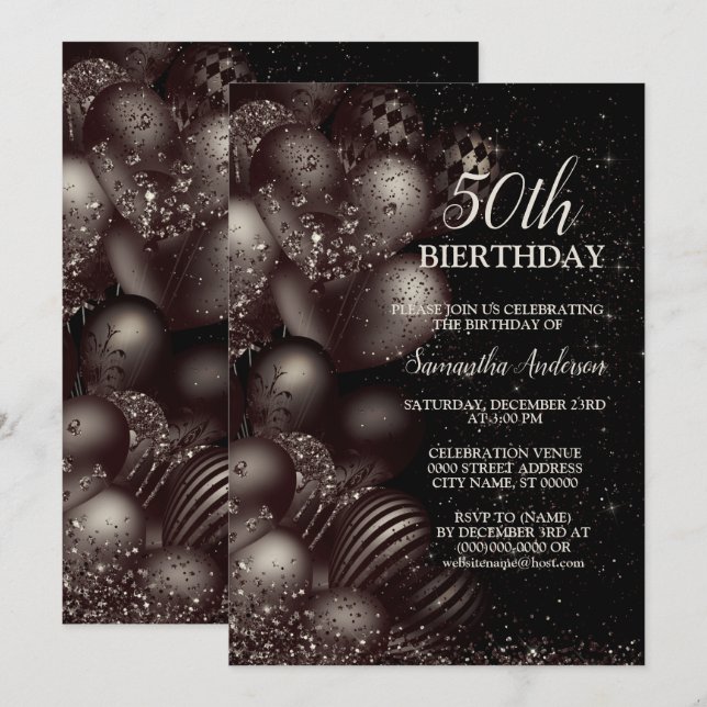 Birthday Black Glitzer Balloons Sparkle Party Einladung (Vorne/Hinten)