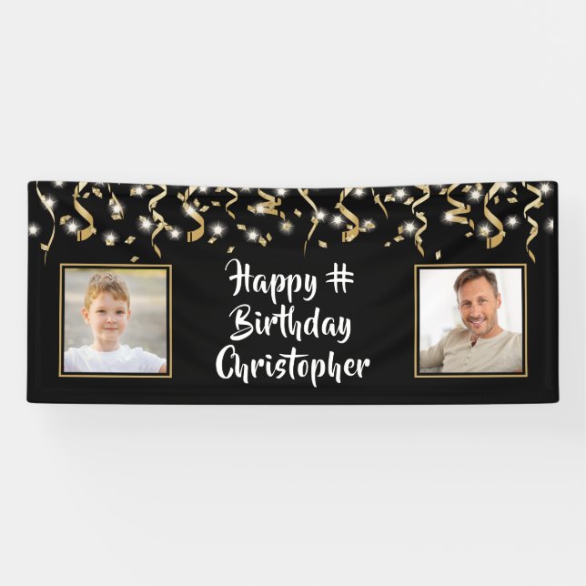 Birthday Black Gold 2 Foto Confetti Lights Banner (Horizontal)