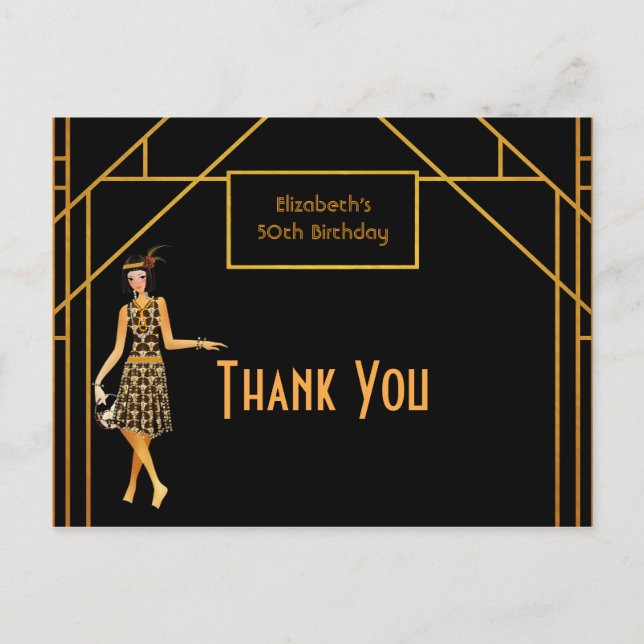 Birthday Black Gold Art Deko Vielen Dank Postkarte (Vorderseite)