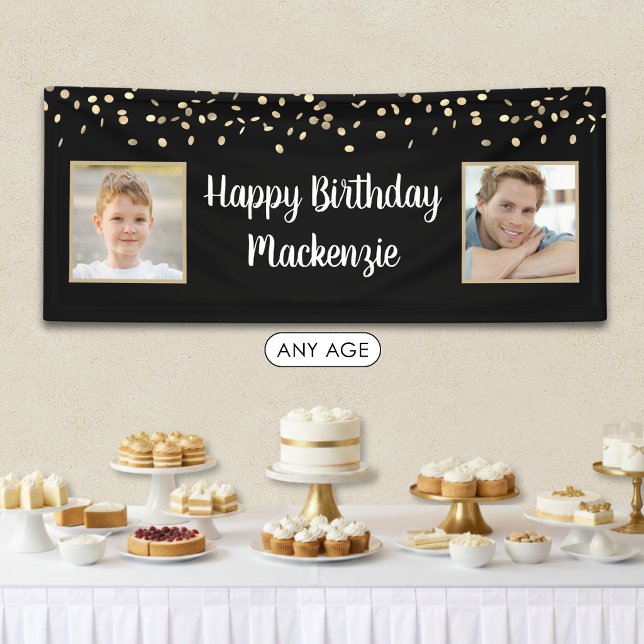 Birthday Black Gold Confetti 2 Foto Script Banner (Von Creator hochgeladen)