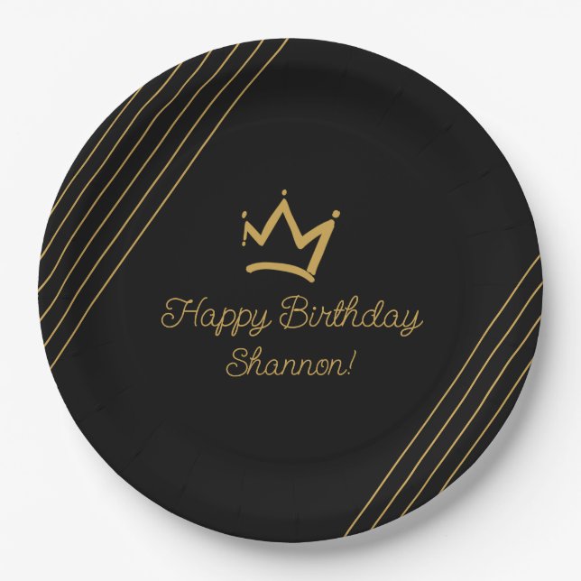 Birthday Black Gold Crown Paper Pappteller (Vorderseite)