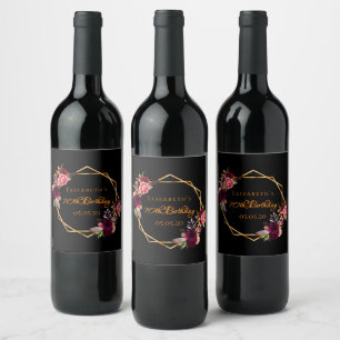 Birthday black gold geometric floral burgundy weinetikett