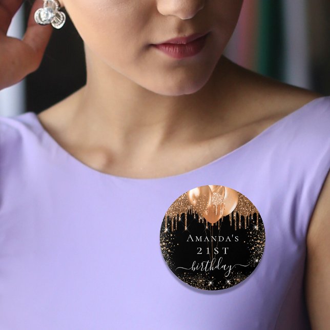 Birthday black gold glitter ballons name button (Von Creator hochgeladen)