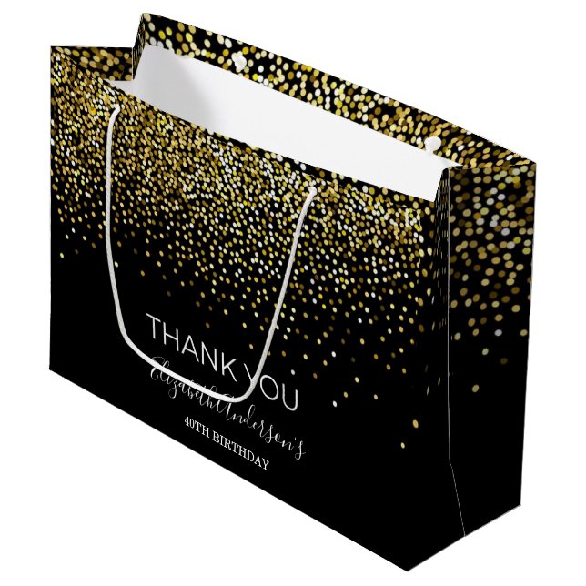 Birthday Black Gold Glitter Glamorous Thank You Große Geschenktüte (Vorderseite Schrägansicht)