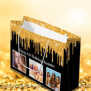 Birthday Black Gold Glitzer Tropfen Foto Name Große Geschenktüte
