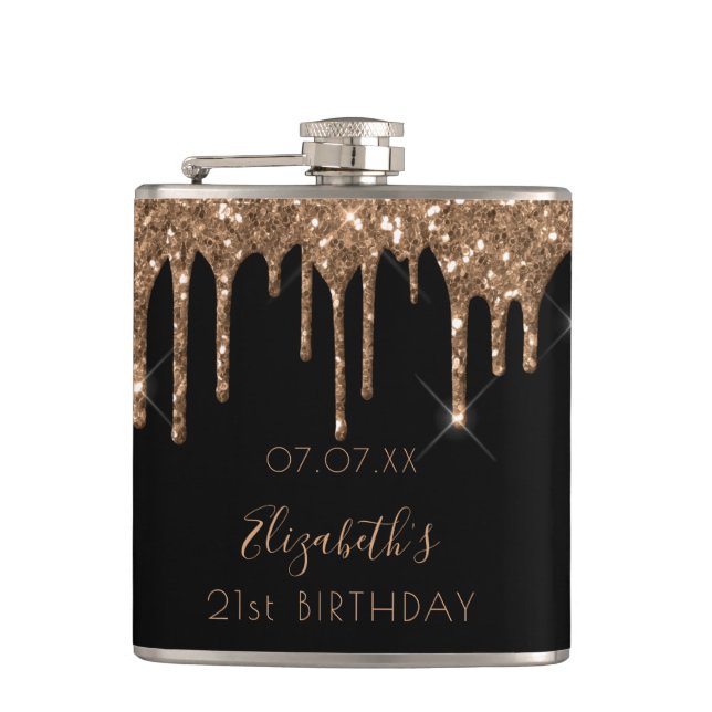 Birthday Black Gold Glitzer Tropfen Name Flachmann (Vorderseite)
