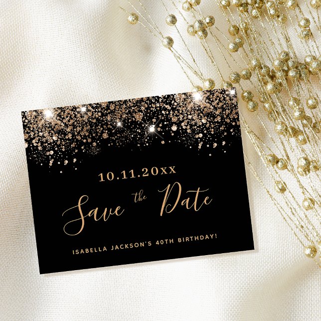 Birthday Black Gold Glitzer Tropfen Save the Date Postkarte (Von Creator hochgeladen)