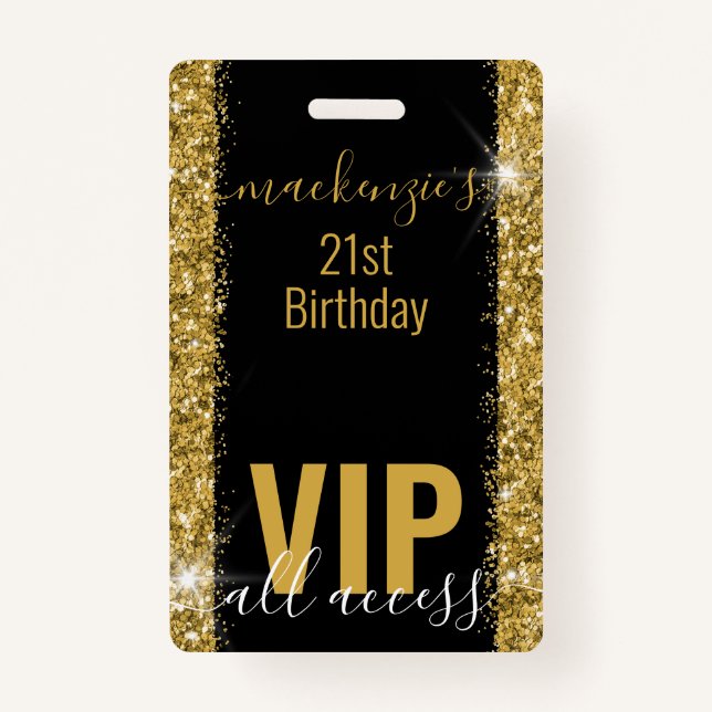 Birthday Black Gold Glitzer VIP Party Einladung Ausweis (Vorderseite)