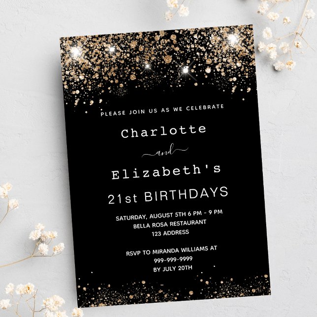 Birthday Black Gold Glitzer zwei Personen Freunde Einladungspostkarte (Von Creator hochgeladen)