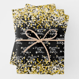 Birthday Black Gold Konfetti Name Geschenkpapier Set